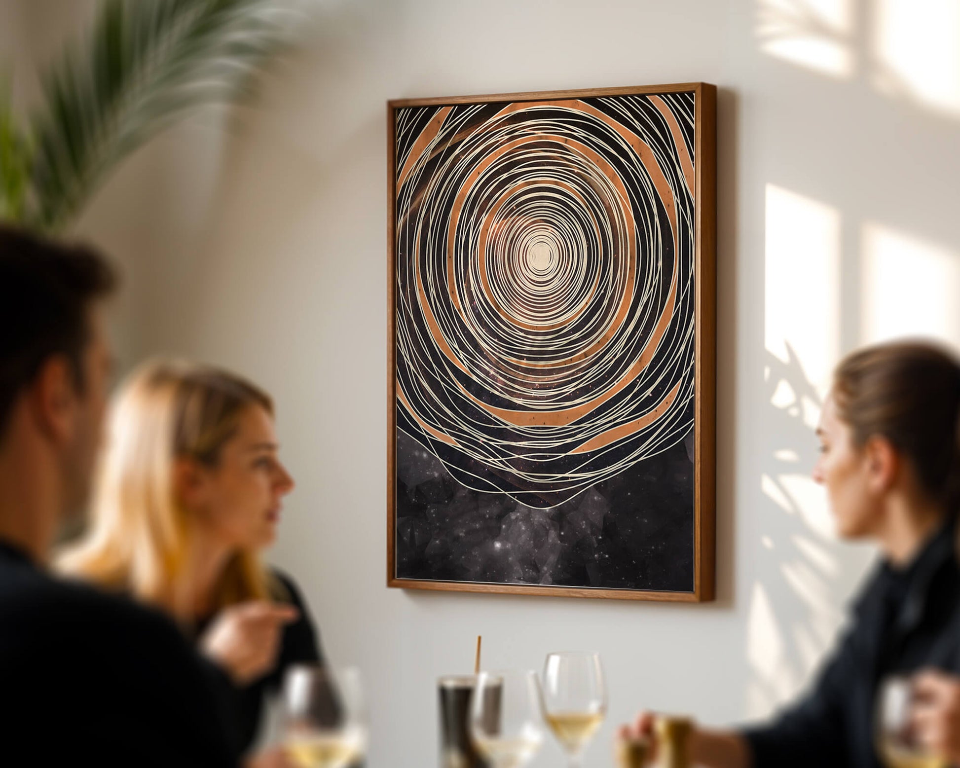 Abstract cosmic spiral with concentric oval patterns and starry background
