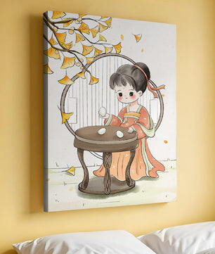 Charmante illustration d'une fille en tenue traditionnelle avec des feuilles de ginkgo
