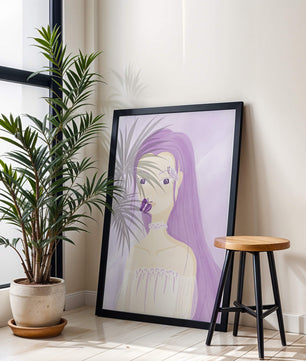 Ilustración de una mujer con cabello morado y mariposas