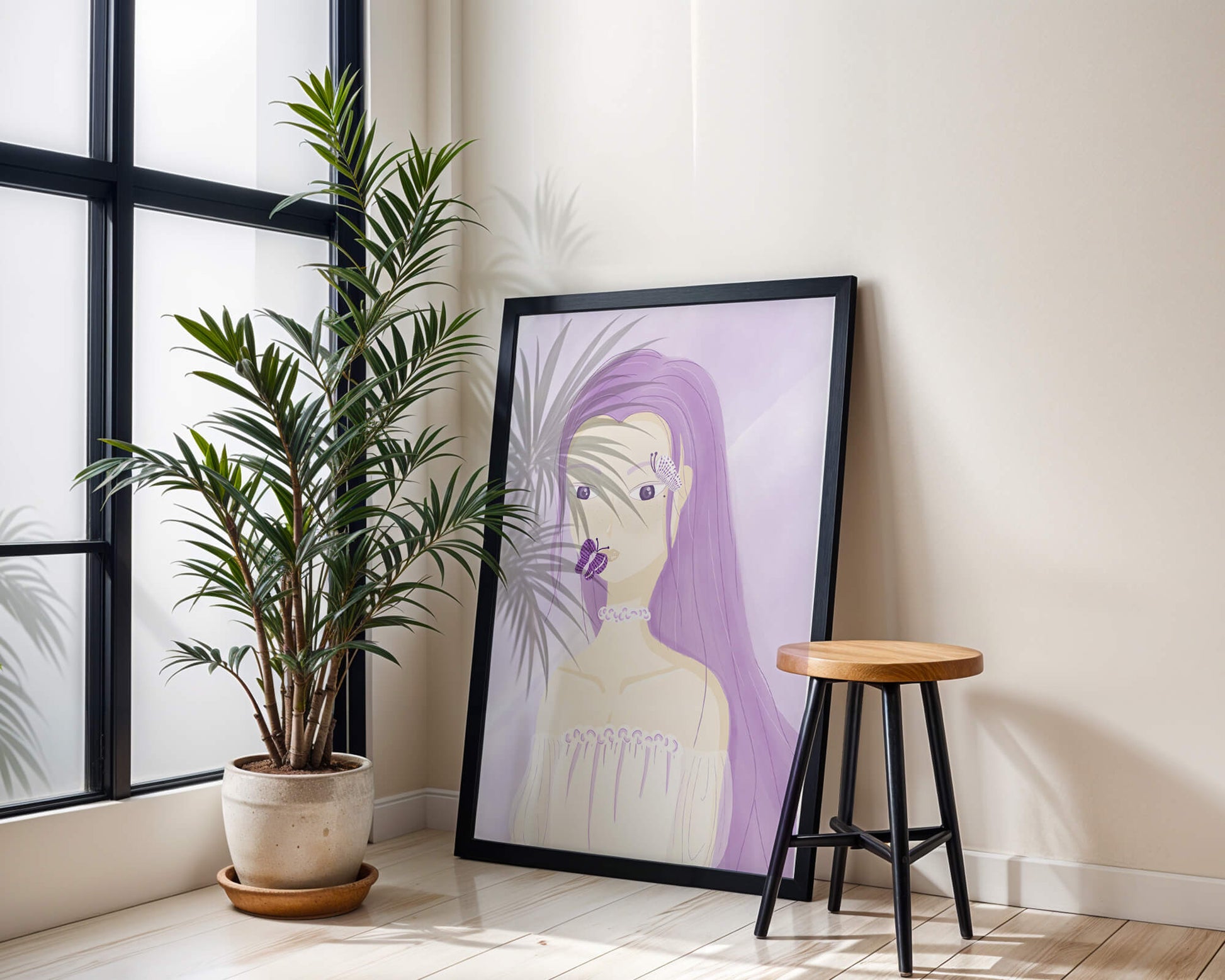 Illustration of a woman with purple hair and butterflies