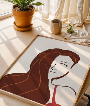 Ilustración estilizada de una mujer con cabello fluyendo y diseño minimalista