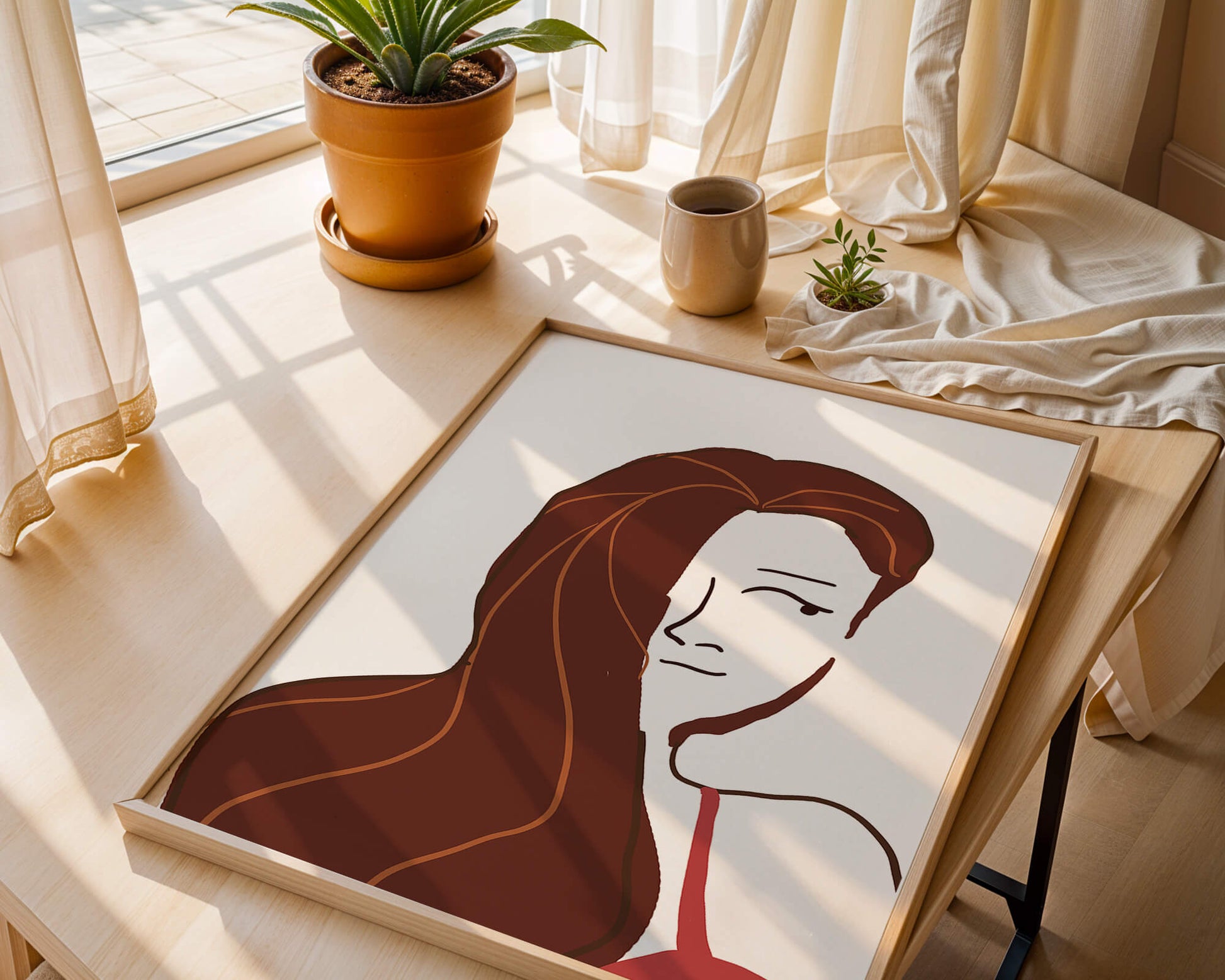 Ilustración estilizada de una mujer con cabello fluyendo y diseño minimalista