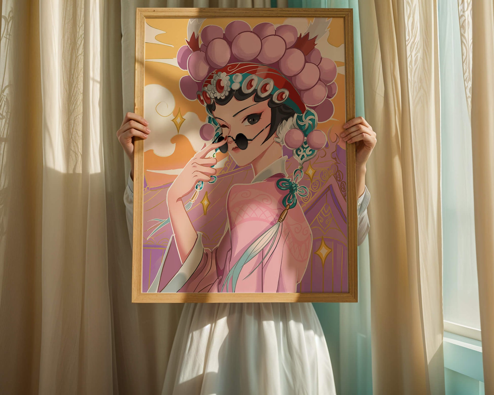 Elegant anime character in traditional attire with golden accents