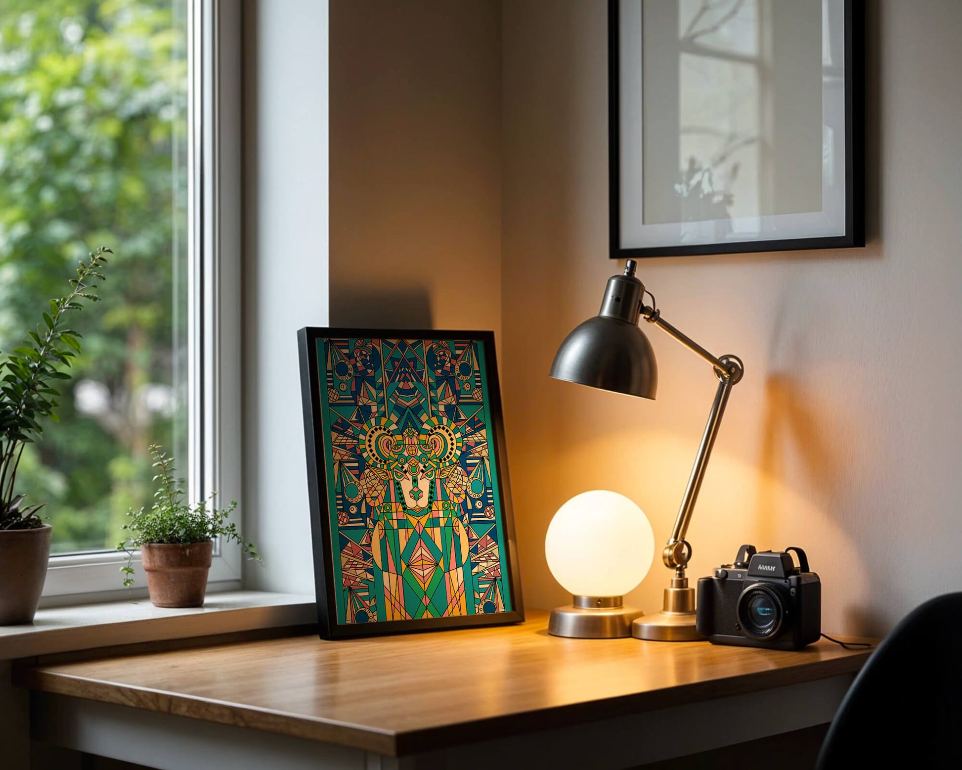 Diseño geométrico colorido de carnero con patrones simétricos