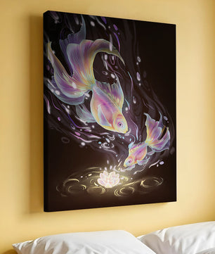 Colorful Koi Fish in a Dreamlike Underwater Scene with Illuminated Elements