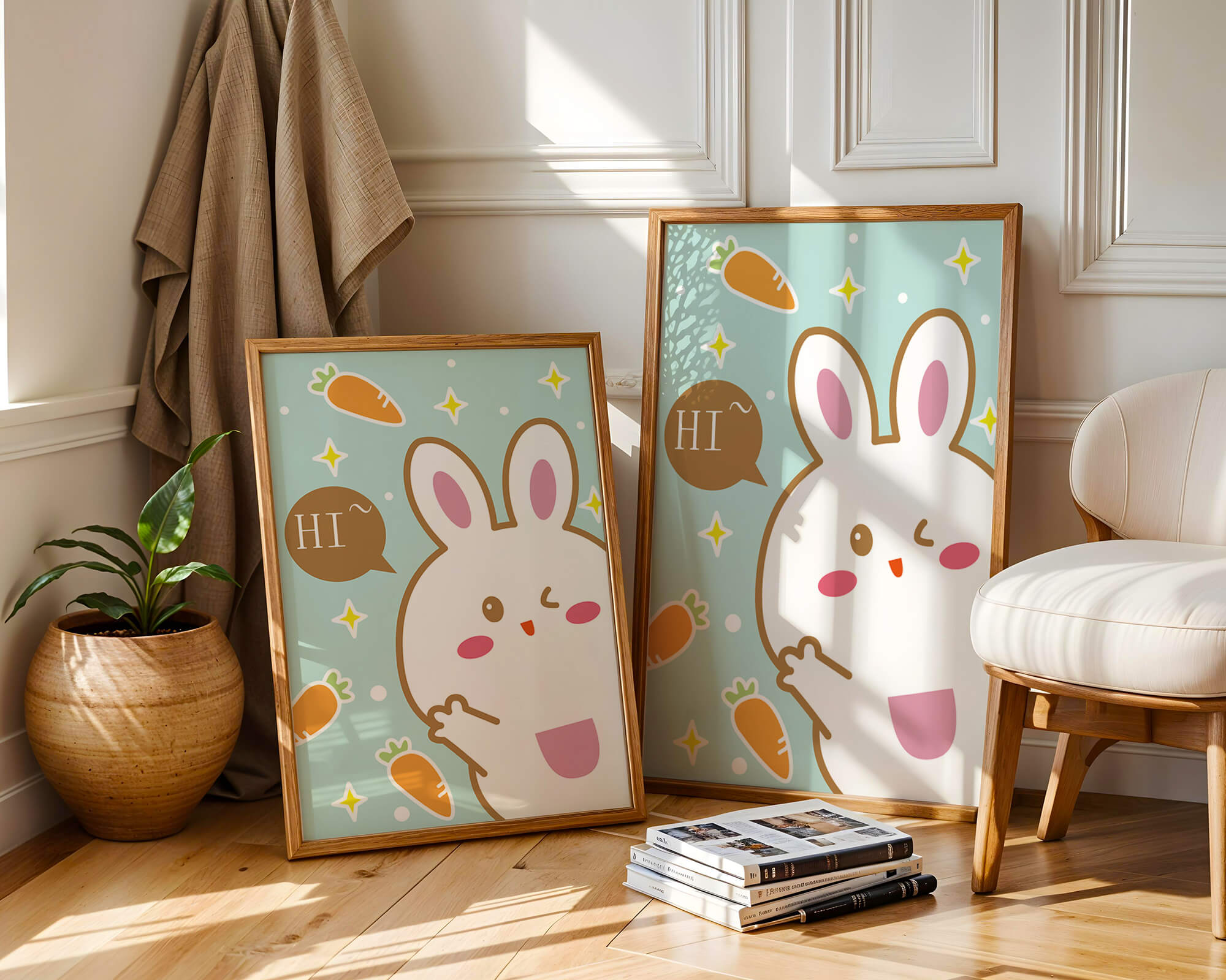 Playful cartoon bunny with carrots and stars on teal background
