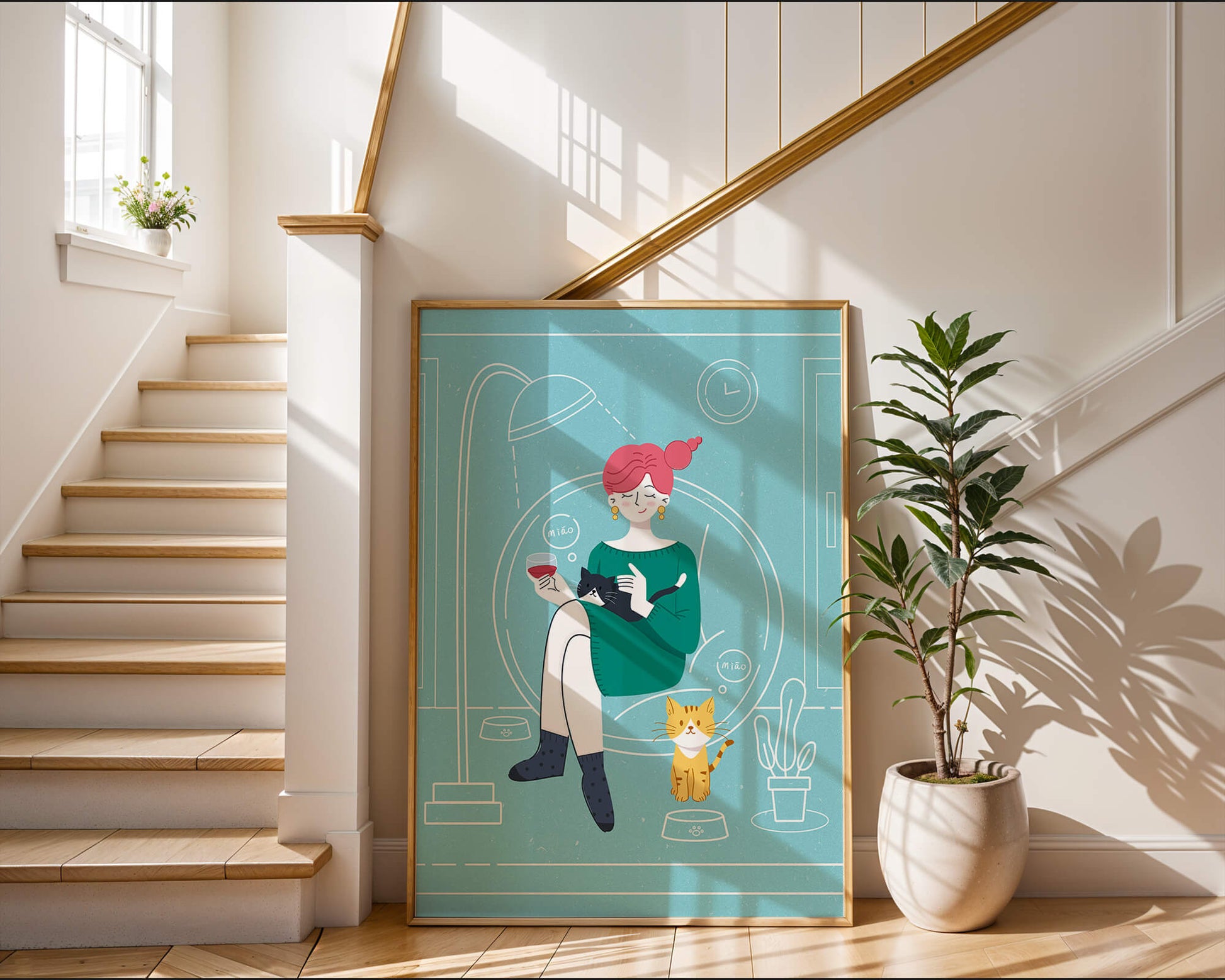 Acogedora velada con gatos en una sala de estar escandinava