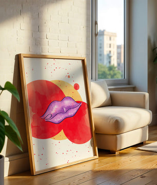 Vibrant Abstract Artwork Featuring Purple Lips on Watercolor Background