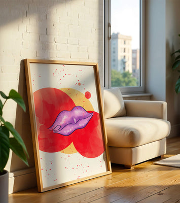Vibrant Abstract Artwork Featuring Purple Lips on Watercolor Background