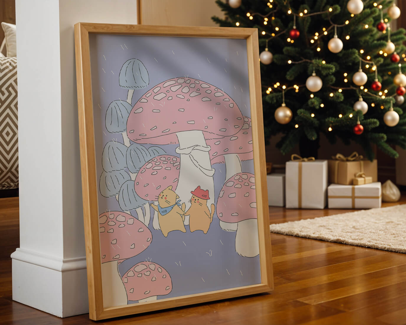 Charming illustration of cats among whimsical mushrooms