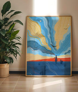 Paisaje abstracto colorido con figura y pájaros