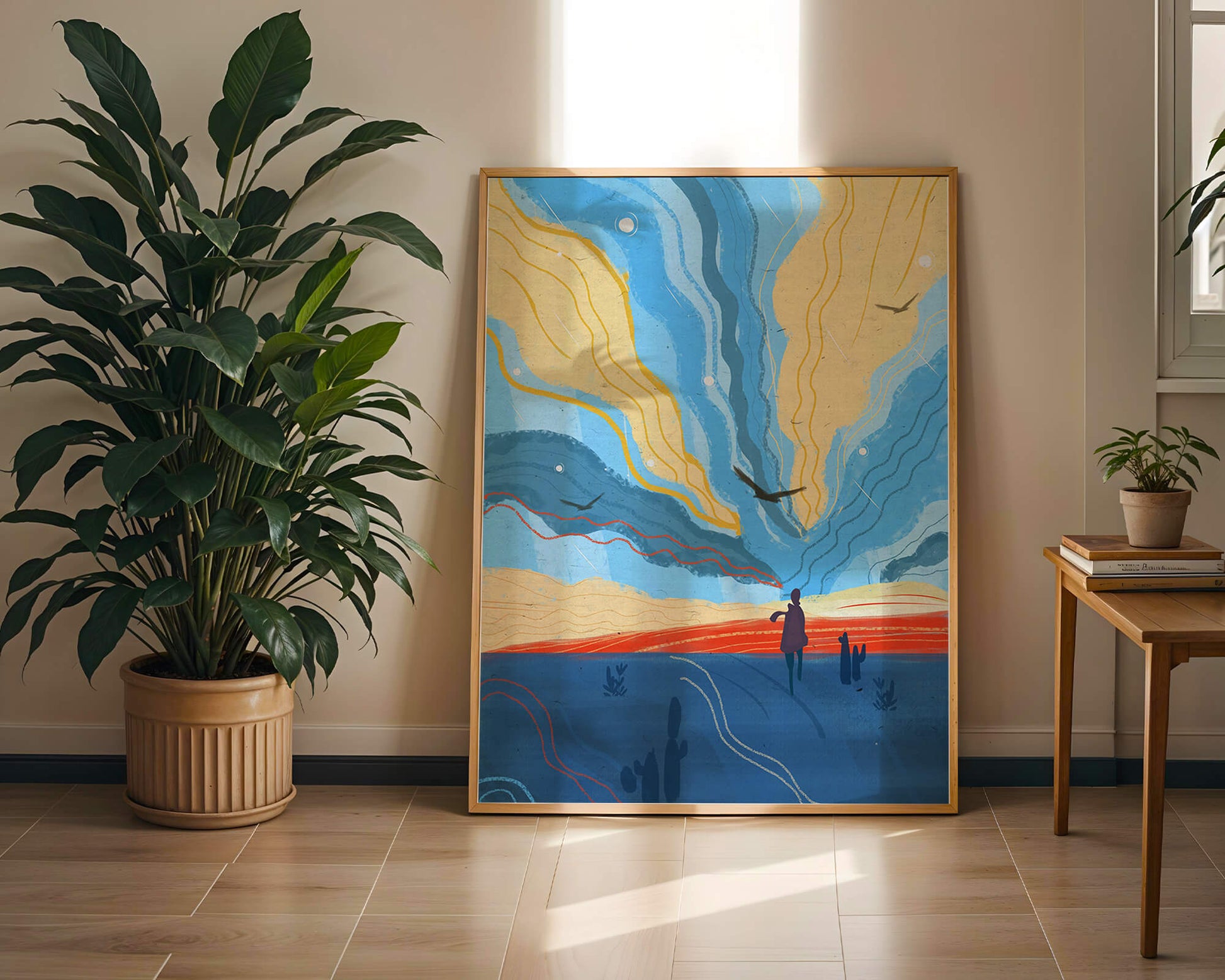 Colorful abstract landscape with figure and birds