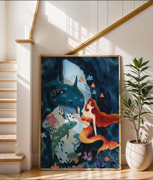 Underwater scene with a mermaid interacting with sea creatures in a vibrant ocean cave