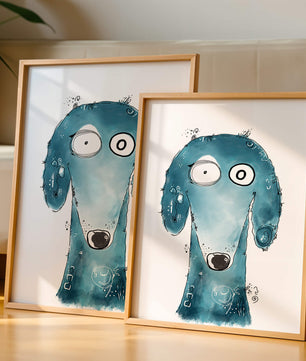 Illustration fantaisiste d’un chien bleu aux traits expressifs