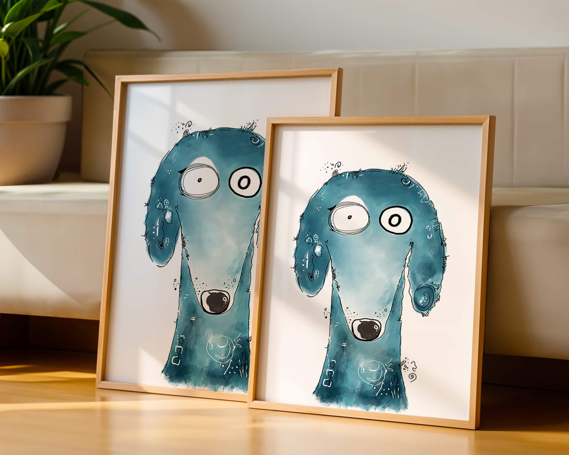Whimsical blue dog illustration with expressive features