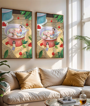 Charming illustration of children with dessert in a whimsical setting