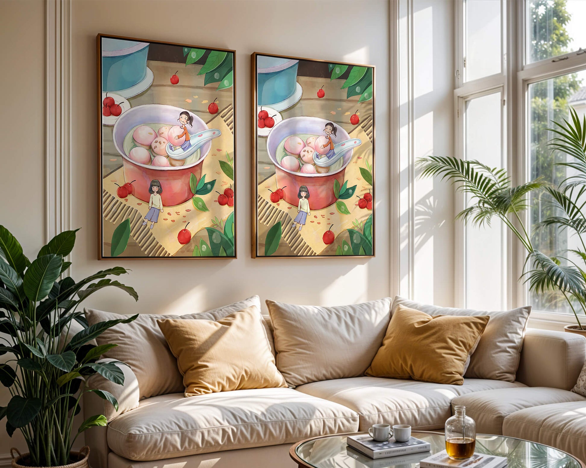 Charming illustration of children with dessert in a whimsical setting