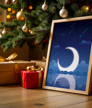 Serene night sky with crescent moon reflecting on water