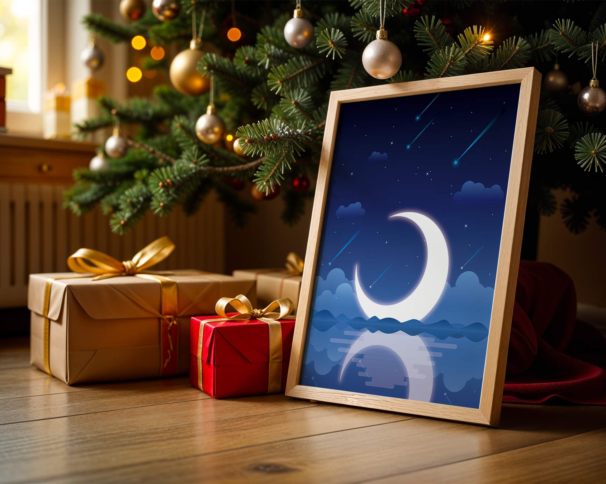 Serene night sky with crescent moon reflecting on water