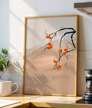 Branch with Persimmons and Snow in Minimalistic Landscape
