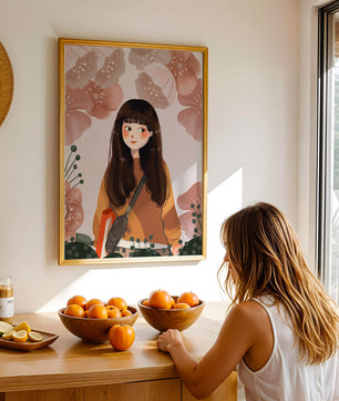 Ilustración de una niña con flores en tonos pasteles suaves