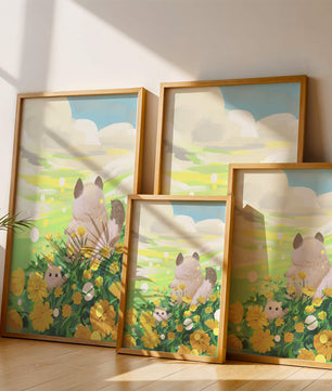 Whimsical Scene of Fluffy Cat and Kitten Among Yellow Flowers