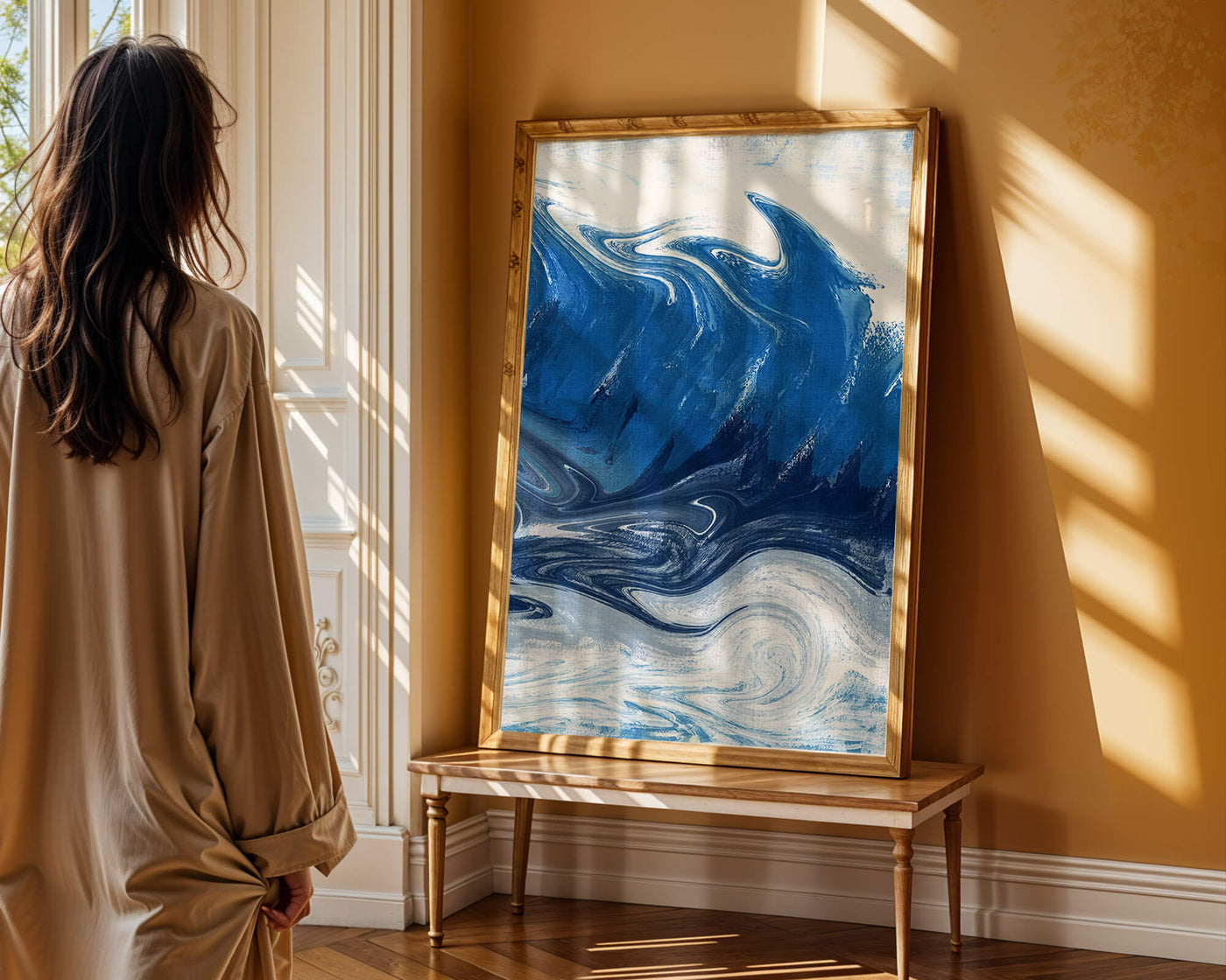 Abstract blue and white ocean wave painting with swirling patterns