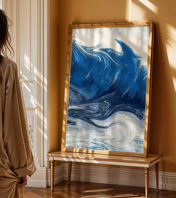 Abstract blue and white ocean wave painting with swirling patterns