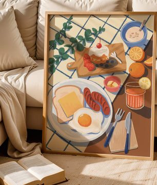 Escena de desayuno colorida con comida y bebida