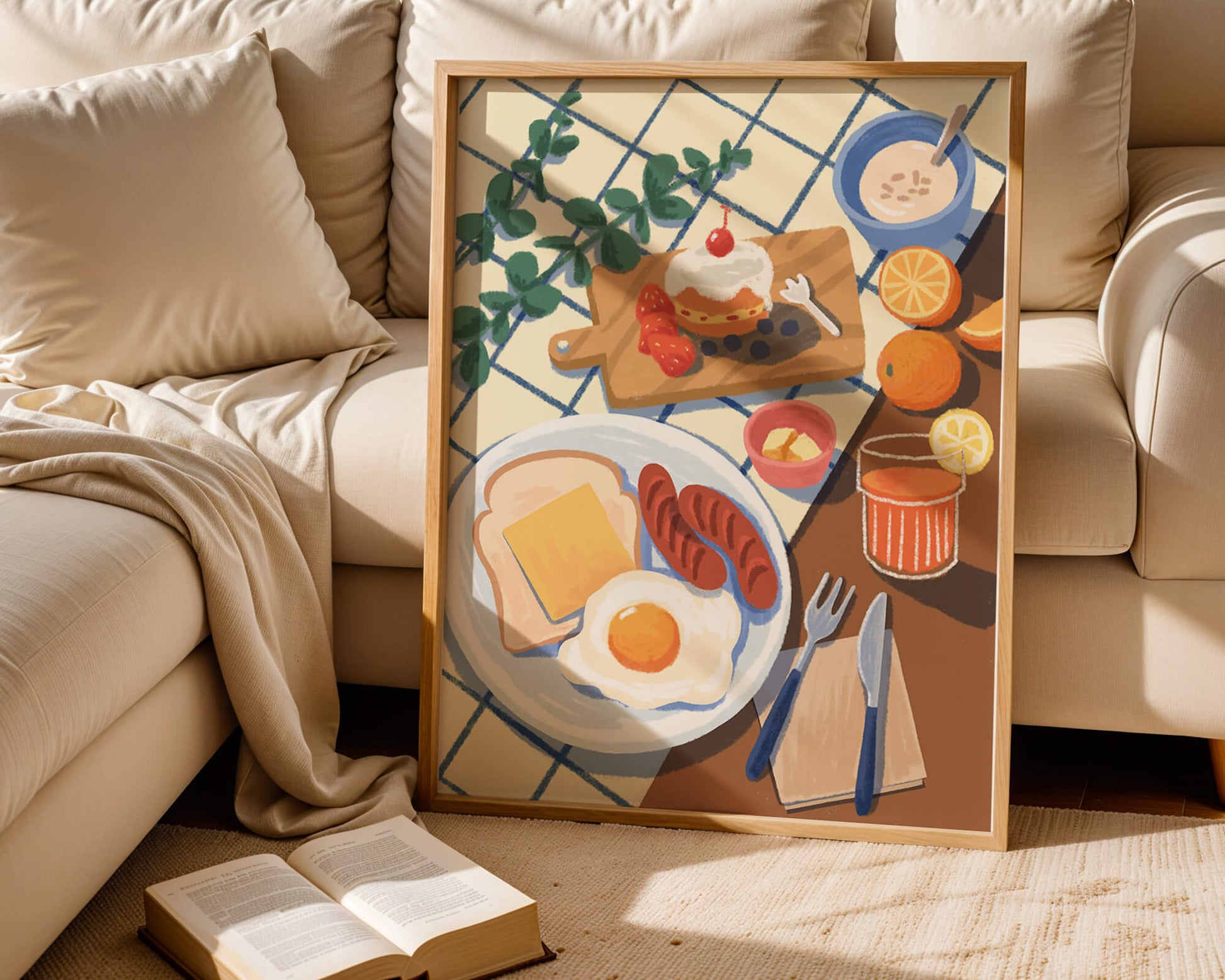 Escena de desayuno colorida con comida y bebida