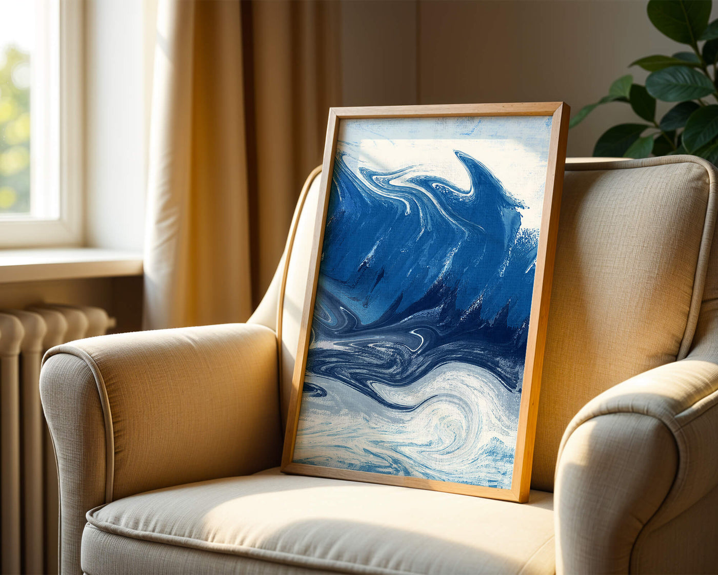 Abstract blue and white ocean wave painting with swirling patterns
