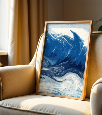 Abstract blue and white ocean wave painting with swirling patterns