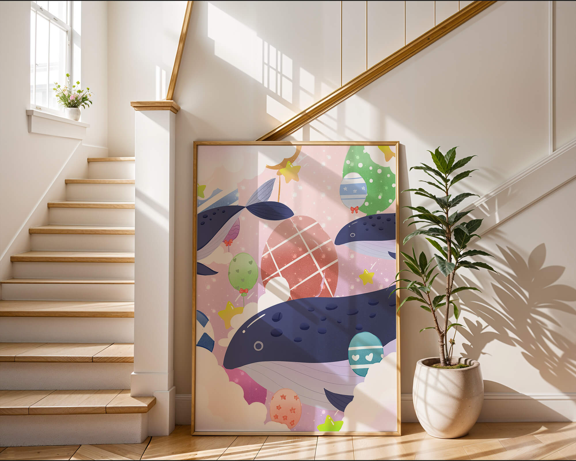 Whimsical illustration of whales and floating stars with colorful eggs