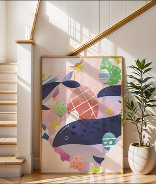 Whimsical illustration of whales and floating stars with colorful eggs