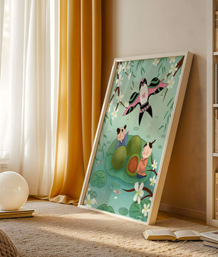 Children Playing on Lotus Leaves with Kite and Cherry Blossoms