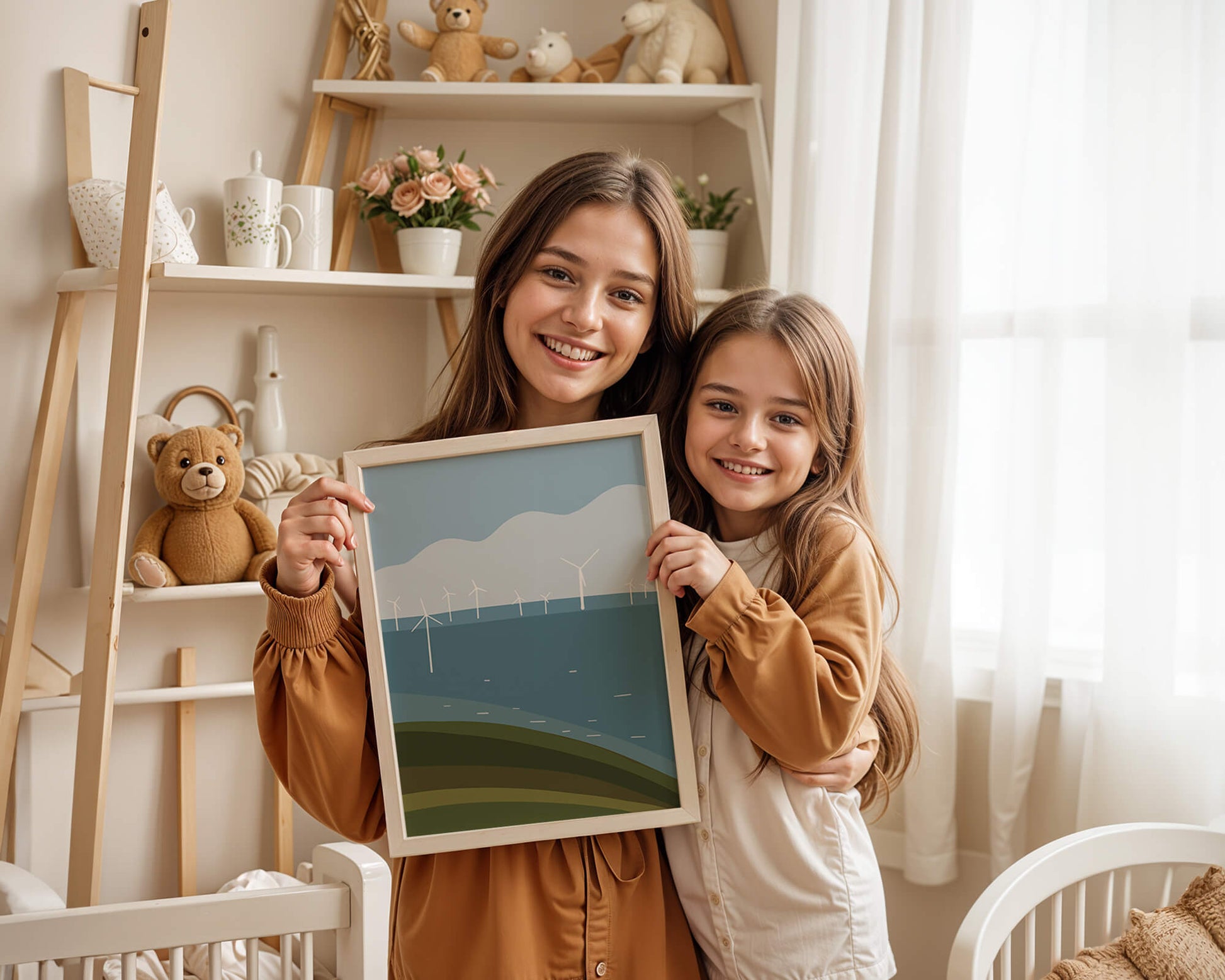Wind Turbines on Rolling Hills Against a Clear Blue Sky