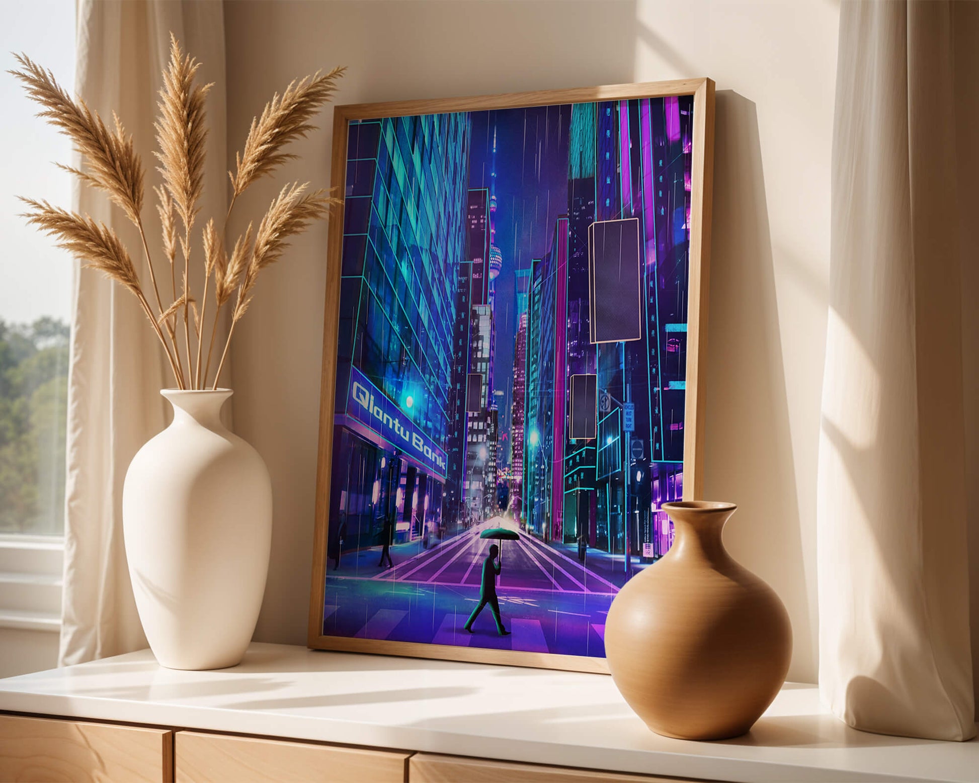 Futuristic urban street scene with neon lights and rainy atmosphere