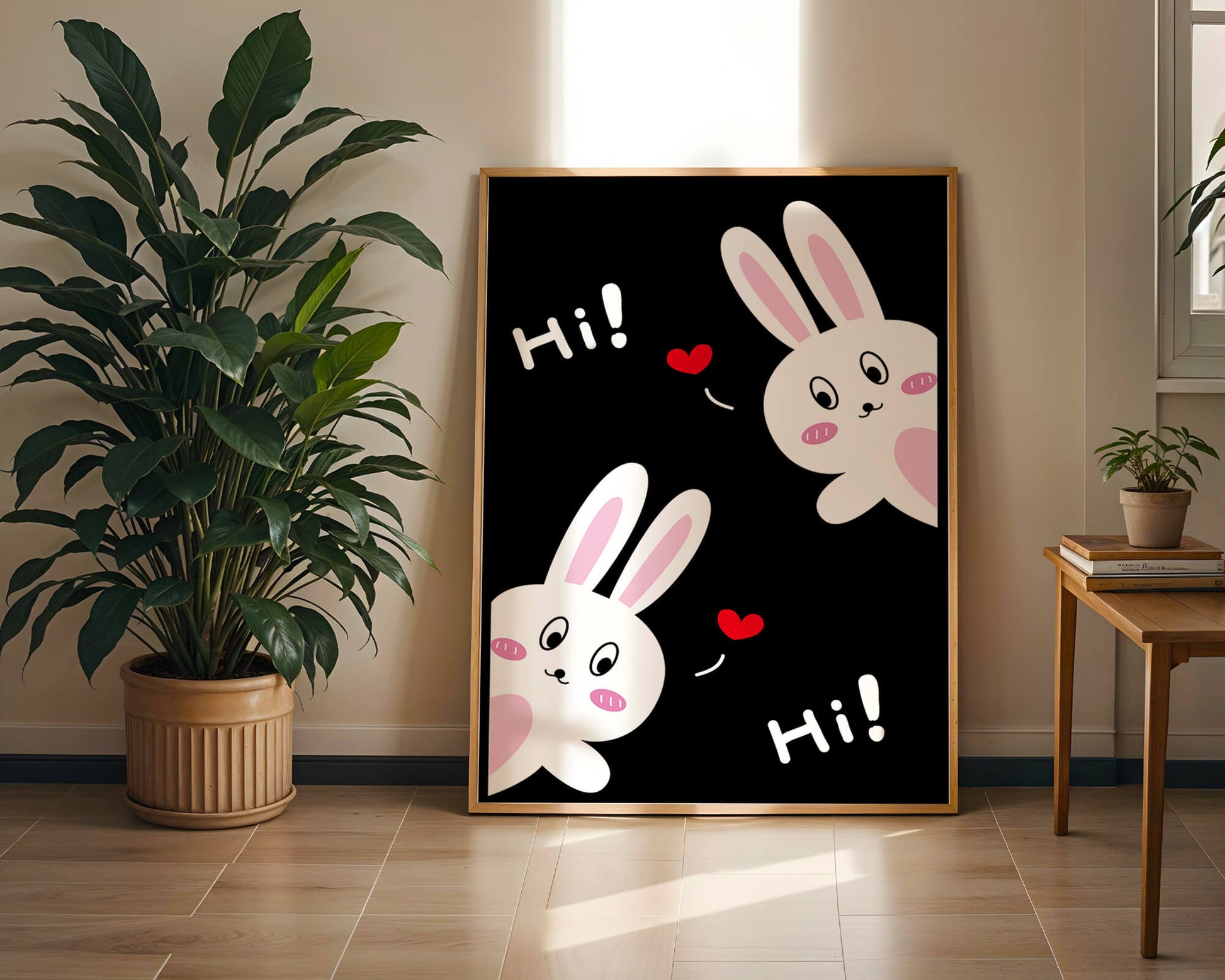 Charming bunny illustration with hearts on black background