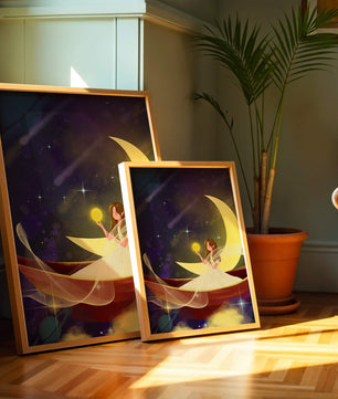 Enchanted night scene with a fairy on a crescent moon