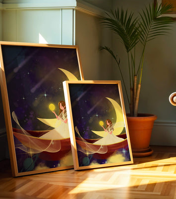 Enchanted night scene with a fairy on a crescent moon