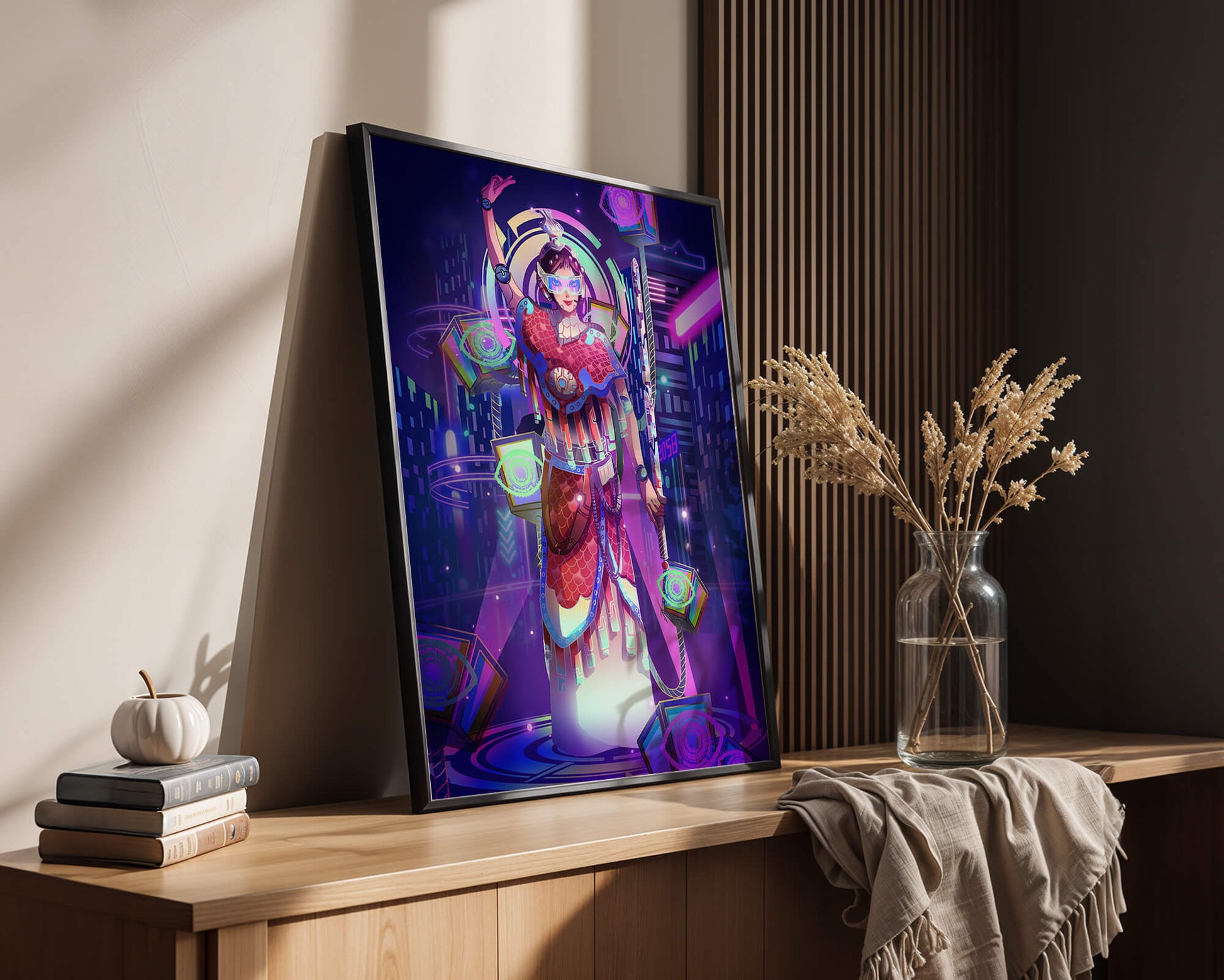 Futuristic warrior in vibrant neon cityscape with digital elements