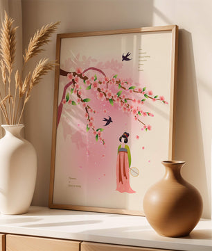 Art chinois traditionnel avec des fleurs de cerisier et une silhouette élégante