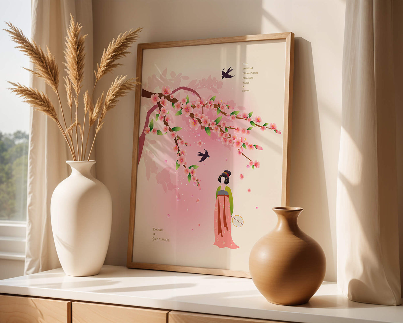 Traditional Chinese art with cherry blossoms and elegant figure