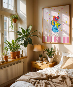 Playful pastel illustration with cute characters and clouds