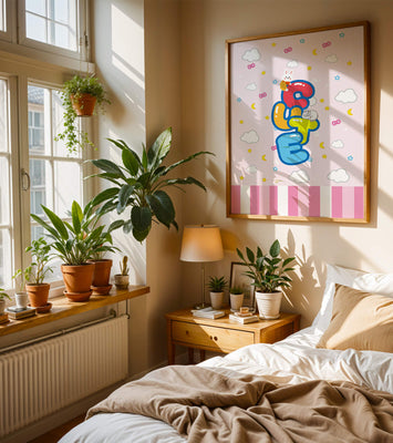 Playful pastel illustration with cute characters and clouds
