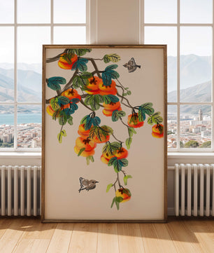 Branch with vibrant persimmons and birds illustration