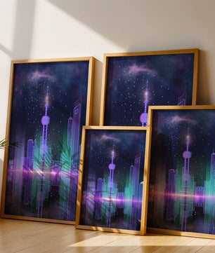 Futuristische Skyline mit leuchtenden Türmen unter sternenklarer Nacht
