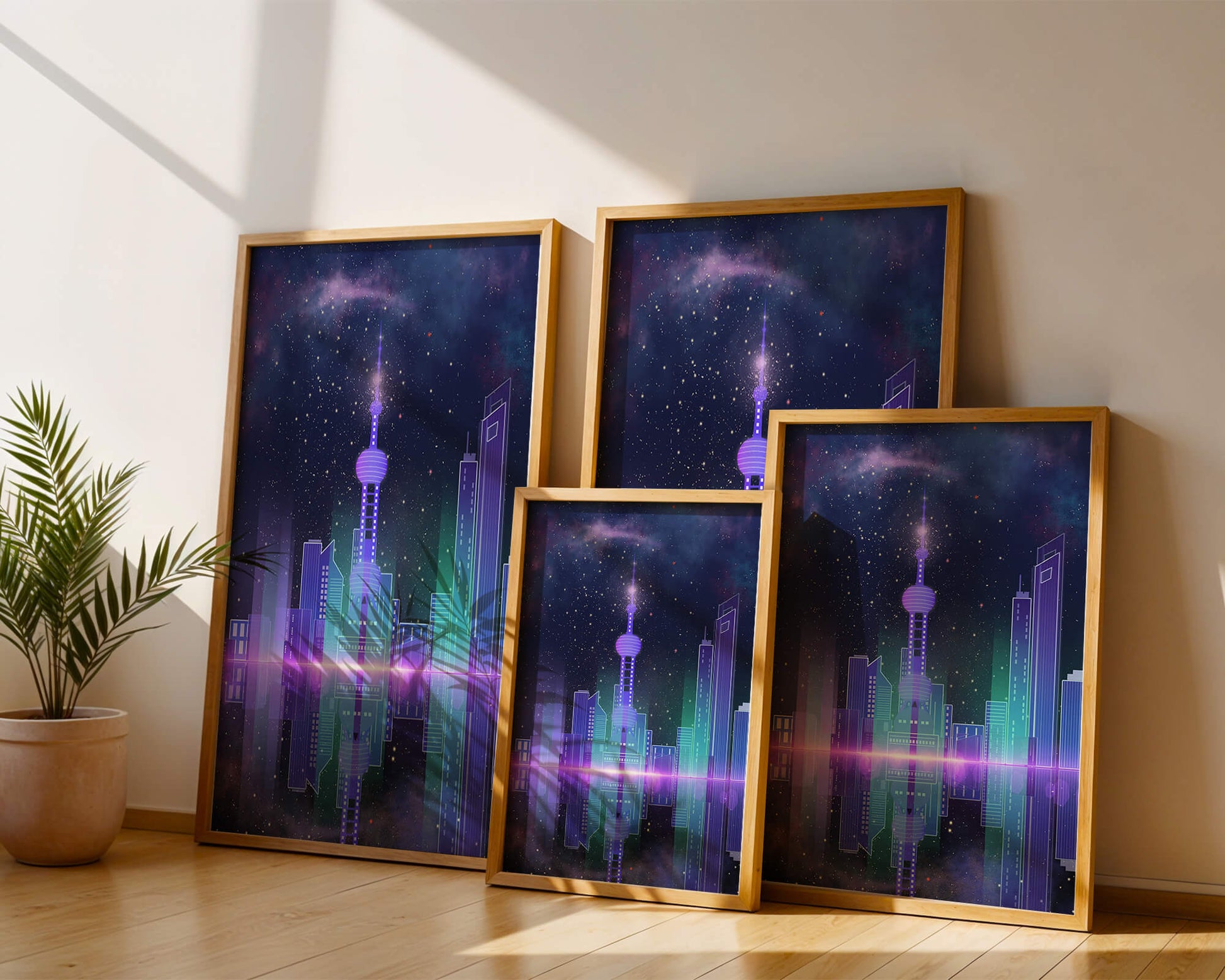 Futuristische Skyline mit leuchtenden Türmen unter sternenklarer Nacht