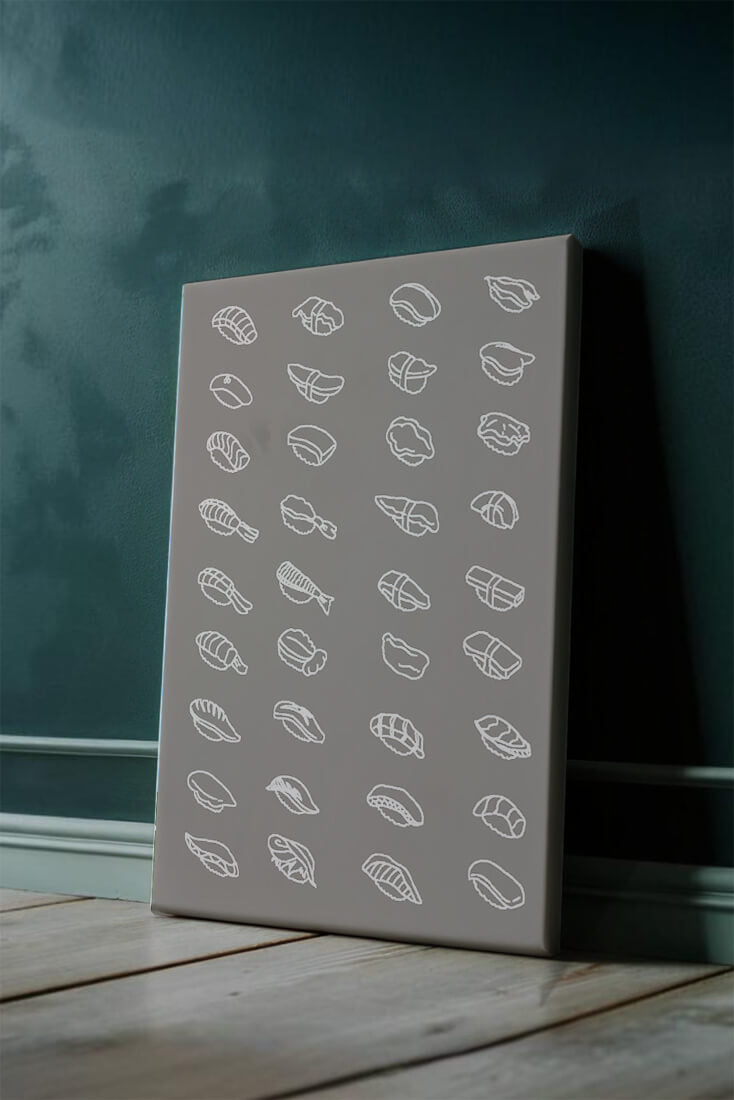 Minimalist sushi sketch illustration with various sushi types
