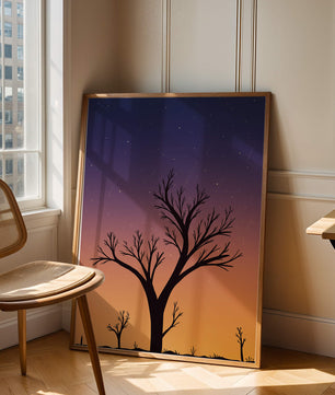 Silhouette Of Tree Against Stunning Sunset Sky With Stars